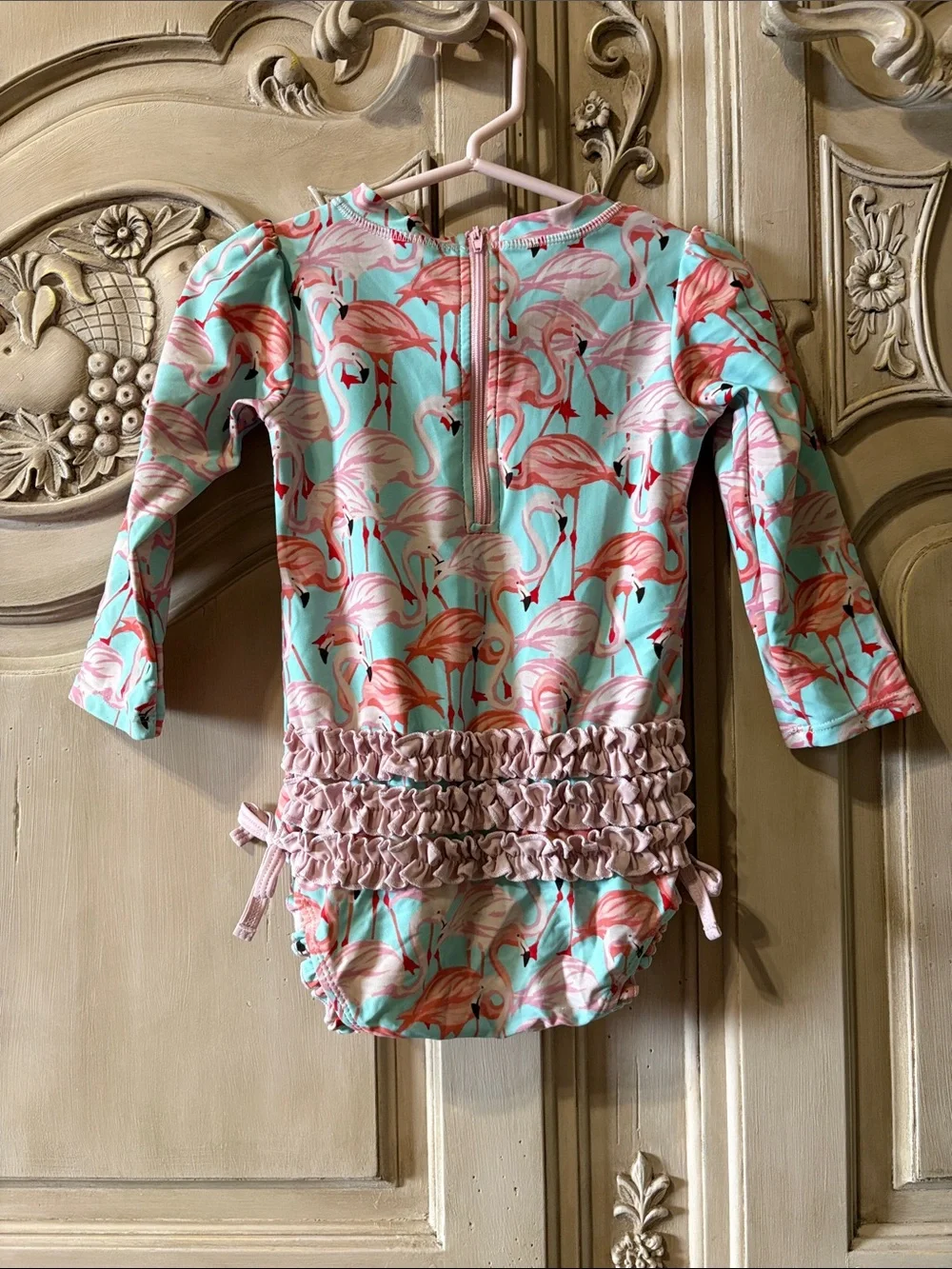 Ruffle Butts Pink Flamingo Print Rashguard - Aqua Base